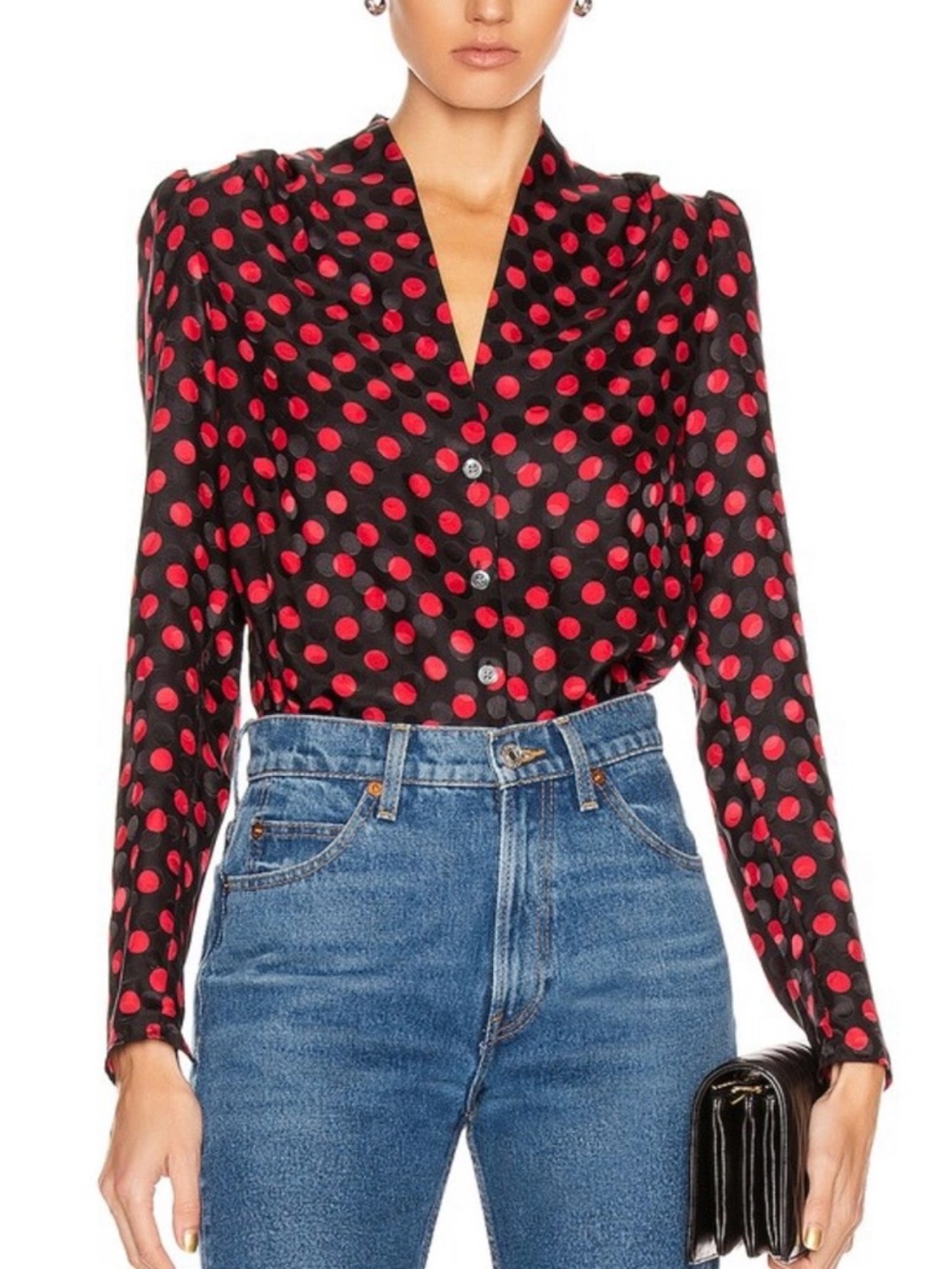 Re/Done 100% Silk Polka Dot 40s Tailored Blouse V-neck Button Up Top